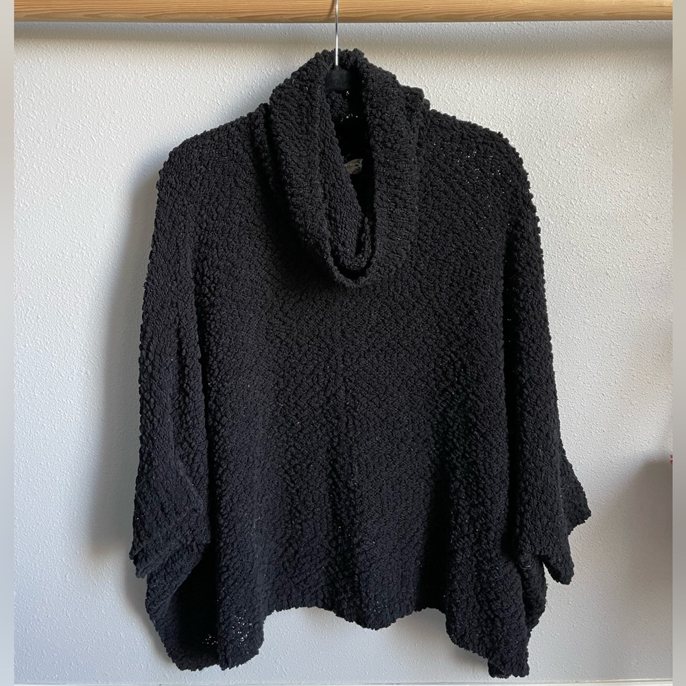 Small Pink Rose textured black cowl neck sweater